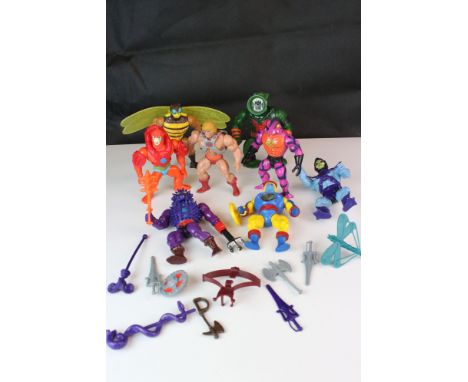 Eight original Mattel Masters of the Universe figures to include He Man, Skeletor, Buzz Off, Spikor, Beast Man, Leech, Sy-Klo