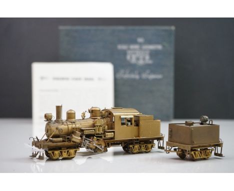 Boxed United Scale Models HO gauge Climax Geared brass locomotive and tender (Japan), unpainted, model appearing vg with some