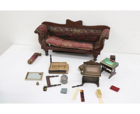 Quantity of early 20th C dolls house furniture to include W Childs (Brighton) desk, large sofa (37cm), etc, condition varies 