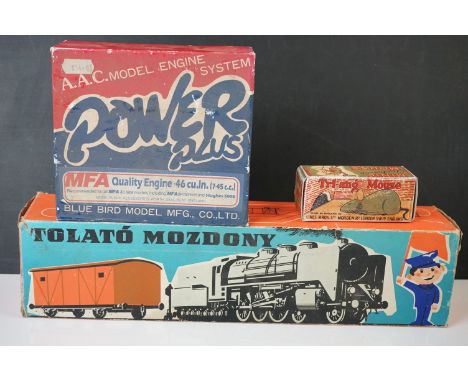 Boxed Blue Bird Model AAC Model Engine System Power Plus engine plus a boxed tin plate train (made in Hungary) and a Triang M