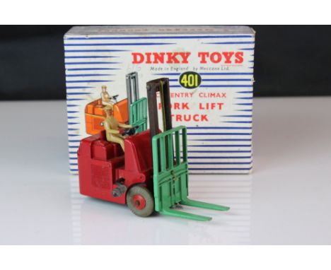 Boxed Dinky Supertoys 401 Coventry Climax Fork Lift Truck diecast model in red, diecast &amp; box gd overall 