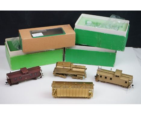 Four boxed Overland Models HO gauge brass items of rolling stock to include Ma &amp; Pa Caboose no 2002 by Kookjea (custom pa