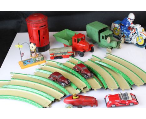 Group of tin plate toys and models to include Burnett Post Box moneybank, Triang Minic truck (af), Brimtoy Pocket Rocket Bus 