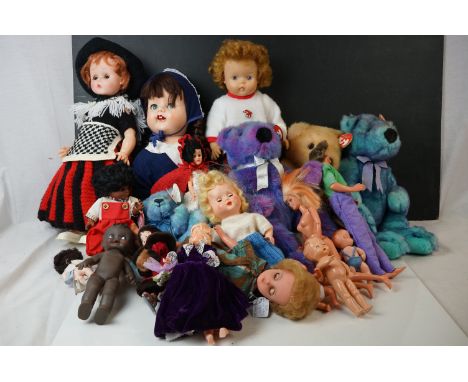 Collection of various plastic dolls and soft toys to include Ty, mid 20th C celluloid dolls, Mattel 1990s Barbie etc 