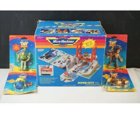 Boxed Galoob Micro Machines Super City Toolbox and 9 x mini playsets, appearing complete but unchecked, plus 4 x carded Basic