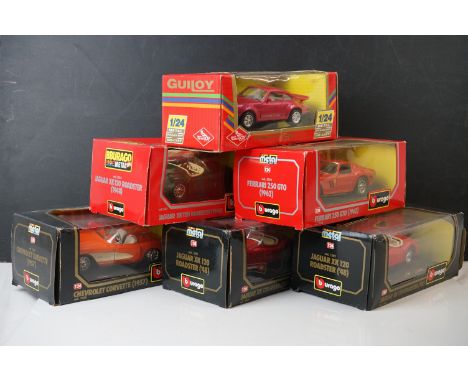 Five  boxed 1:24 scale Burago diecast models to include 0510 Ferrari 250 GTO (1962), 3 x 1502 Jaguar XK 120 Roadster (1948) a