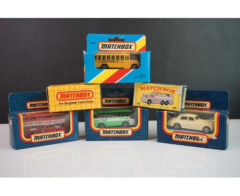 Six boxed Matchbox diecast models to include 66 Greyhound Bus, MB-31 Rolls Royce Silver Cloud II, MB-38 Ford Model A, MB-47 S