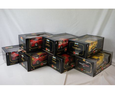 Seven boxed Buargo 1:18 scale diecast models to include 3011 Ferrari 250 GTO, 3019 Ferrari testarossa (1984), 3032 Ferrari F4