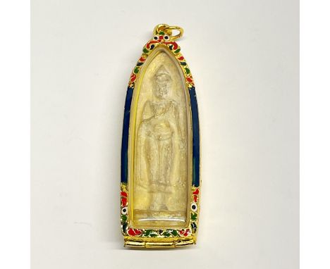 A Thai gilt metal cased gilt clay Buddhist pilgrim's amulet, H. 10cm.