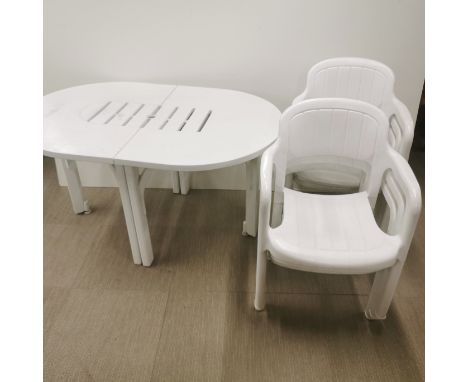 A set of Allibert Tangor white garden furniture including a dining table and six chairs, four reclining chairs with cushions,