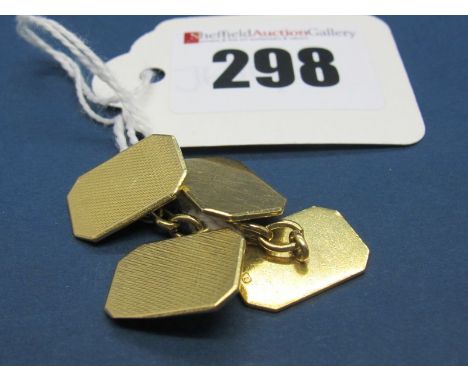 A Pair of 18ct Gold Gent's Cufflinks, the plain and engine turned rectangular panels on chain connections. 