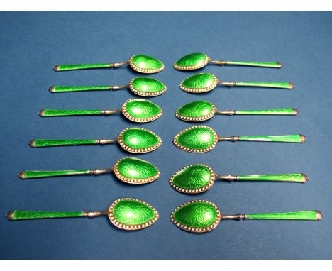 David Andersen; A Set of Twelve Green and White Enamel Demi-Tasse Spoons, stamped makers mark and "925 S". (12)