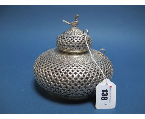 A Middle Eastern Pot Pourri, of circular form allover pierced, the pull off cover with exotic bird finial, stamped "92.5". 