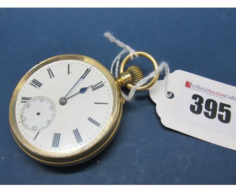 An 18ct Gold Cased Openface Pocketwatch, the dial with black Roman numerals and seconds subsidiary dial (lacking hand), the m