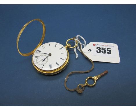 An 18ct Gold Cased Openface Pocketwatch, the dial with black Roman numerals and seconds subsidiary dial, the movement with di