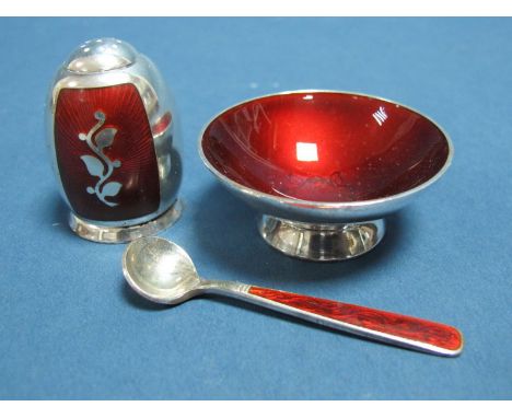 Volmer Bahner; A Danish Enamel Pepperette and Salt, each highlighted in dark red enamel, stamped "VB" "Sterling Denmark", com