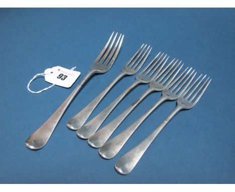 A Set of Five Hallmarked Silver Old English Pattern Forks, William Eley & William Fearn, London 1799, crested; Together with 