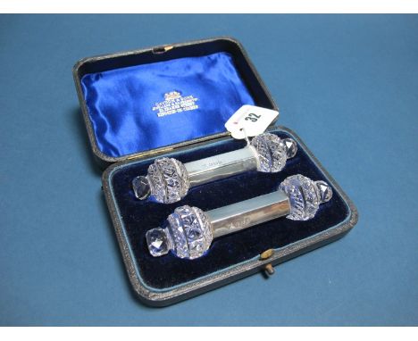 A Pair of Hallmarked Silver Mounted Cut Glass Knife Rests, Edward & Noble Haseler (marks rubbed), Birmingham 1908, 12.5cms lo