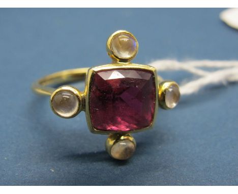 An 18ct Gold Pink Tourmaline Single Stone Dress Ring, of Elizabethan style, the central cushion shape stone collet rubover se