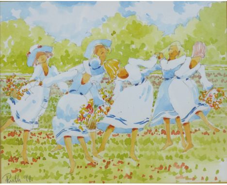 Ruth Ann Titley (British, 1939-2013): Two watercolour and pencil drawings, 'Ring a Ring 'o Roses', depicting six women, danci