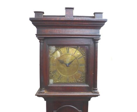 An 18th century oak longcase clock, with square engraved brass dial, signed 'Fran Overall, Wellingborough', 30 hour movement,