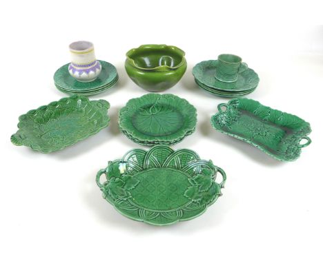 A group of 19th century Wedgwood cabbage leaf pattern ceramics, with green glazes, comprising seven circular plates and three