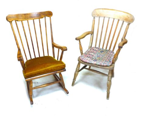 A group of chairs, comprising a 19th century beech spindle back open armchair, a modern stained beech rocking armchair, two 1