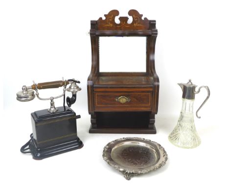 A group of collectables, comprising a vintage wind up telephone with bakelite handle, 30cm high, an Edwardian mahogany and sa