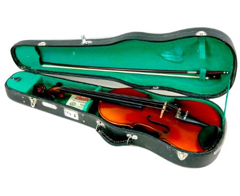 A 20th century Viola, made in China, with box and fitted hard case, together with a violin (without a bow), two 1/4 sized vio