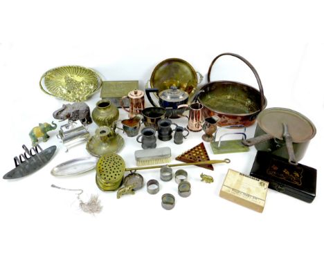 A collection of 19th century and later metal and glass wares, assorted kitchenalia including  an E. Bonnet copper cooking pot