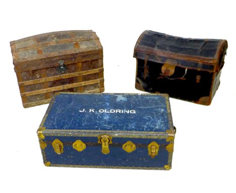 A group of three 19th century travelling trunks, comprising a barrel top wooden bound trunk, inscribed initials 'W. E. N. T.'