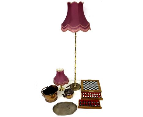 A vintage boxed Chinese style chess set, together with a copper coal scuttle, a copper kettle, EPNS tray, brass table lamp, a