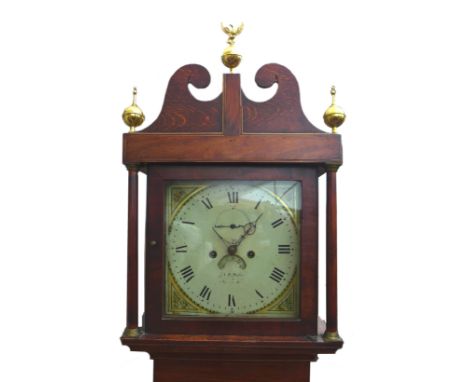 An early 19th century oak and crossbanded long case clock, twin train 8-day movement striking on a bell, white painted dial, 