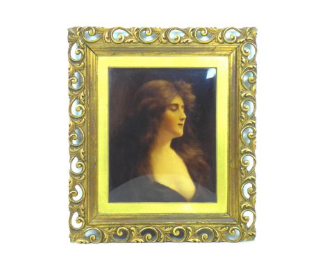 An early 20th century Christoleum portrait of a young lady, 25 by 20cm, in a pierced gilt frame, 39.5 by 34.5cm. 