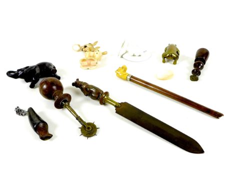 A mixed group of 19th and 20th century collectables, comprising a seal with turned wooden handle, 8cm, a swagger stick handle