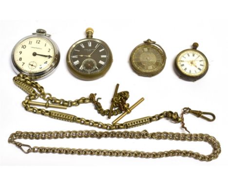 FOUR VINTAGE OPEN FACED POCKET WATCHES and two chains spares and repairs, no condition report available on this lot