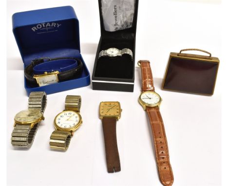 A COLLECTION OF SIX WATCHES AND A COMPACT CASE to include a cased Rotary and Sekonda No condition report available on this lo