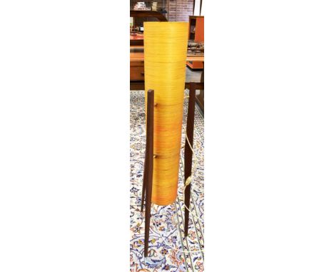 A MID-CENTURY FLOOR STANDING ROCKET LAMP on teak supports, 112cm high