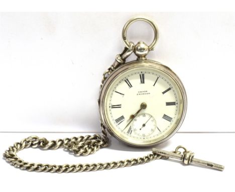 AN EDWARDIAN SILVER OPEN FACE POCKET WATCH WITH CHAIN The white enamel dial signed GROSE SWINDON, black Roman numerals, sub d