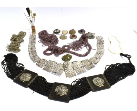 A COLLECTION OF VINTAGE COSTUME JEWELLERY To also include a pierced EPNS panel belt, beadwork belts/neck collars, hatpins bro