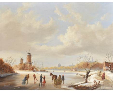 BERNARD PAGE (1928-1988)  Dutch winter scene with figures skating Oil on canvas, together with Dutch winter scene with figure