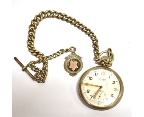 WW2 MILITARY OPEN FACE POCKET WATCH WITH CHAIN The dial signed Buren grand prix with the metal case with Broad Arrow G.S.T.P 