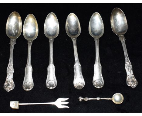 SIX SILVER TEASPOONS together with a silver salt spoon and pickle fork, four similar 19th century fiddle, thread and shell pa