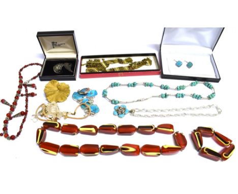 A COLLECTION OF 1930'S AND LATER JEWELLERY To include , marked 925 Turquoise/Turquoise coloured stone jewellery, a 1930's lon