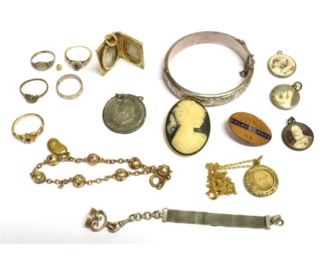 A CASED COLLECTION OF VICTORIAN AND LATER JEWELLERY to include a silver half patterned bangle and safety chain