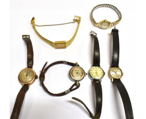 SIX VINTAGE WATCHES  A 9ct rose gold cased wrist watch, the circular grey dial with black Arabic numerals, gilt detail and bl