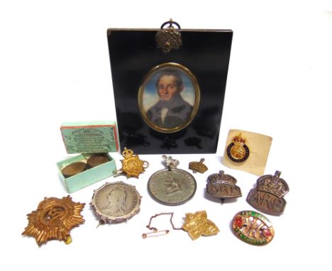 ASSORTED COLLECTABLES  comprising a gold metal Mizpah brooch, the reverse marked '9ct'; a silver A.R.P. lapel badge; silver A