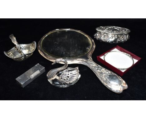 A COLLECTION OF SILVER, WHITE METAL AND METAL  comprising a silver swan held small glass trinket pot, a small silver basket w