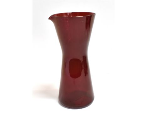 KAJ FRANCK FOR NUUTAJARVI NOTSJO, FINLAND:  a ruby red 1610 cocktail pitcher of hourglass form, 22cm high Condition Report : 