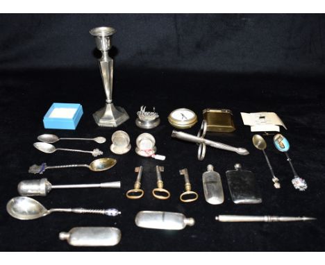 AN INTERESTING COLLECTION OF SILVER, EPNS AND METAL to include a silver candlestick, hexagonal base, hallmarked for Chester 1